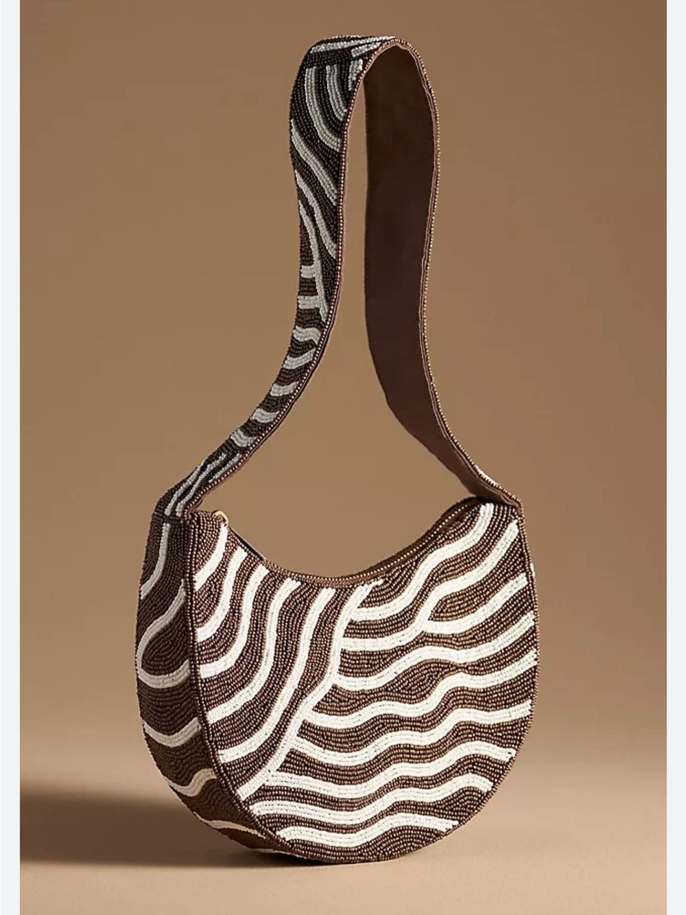 Anthropologie Beaded Crescent Shoulder Bag in Brown and Cream